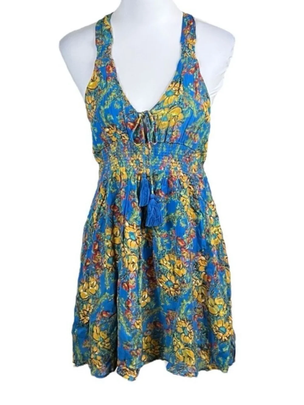 Free People‎ Blue Floral Smocked Dress, Size S, NWT